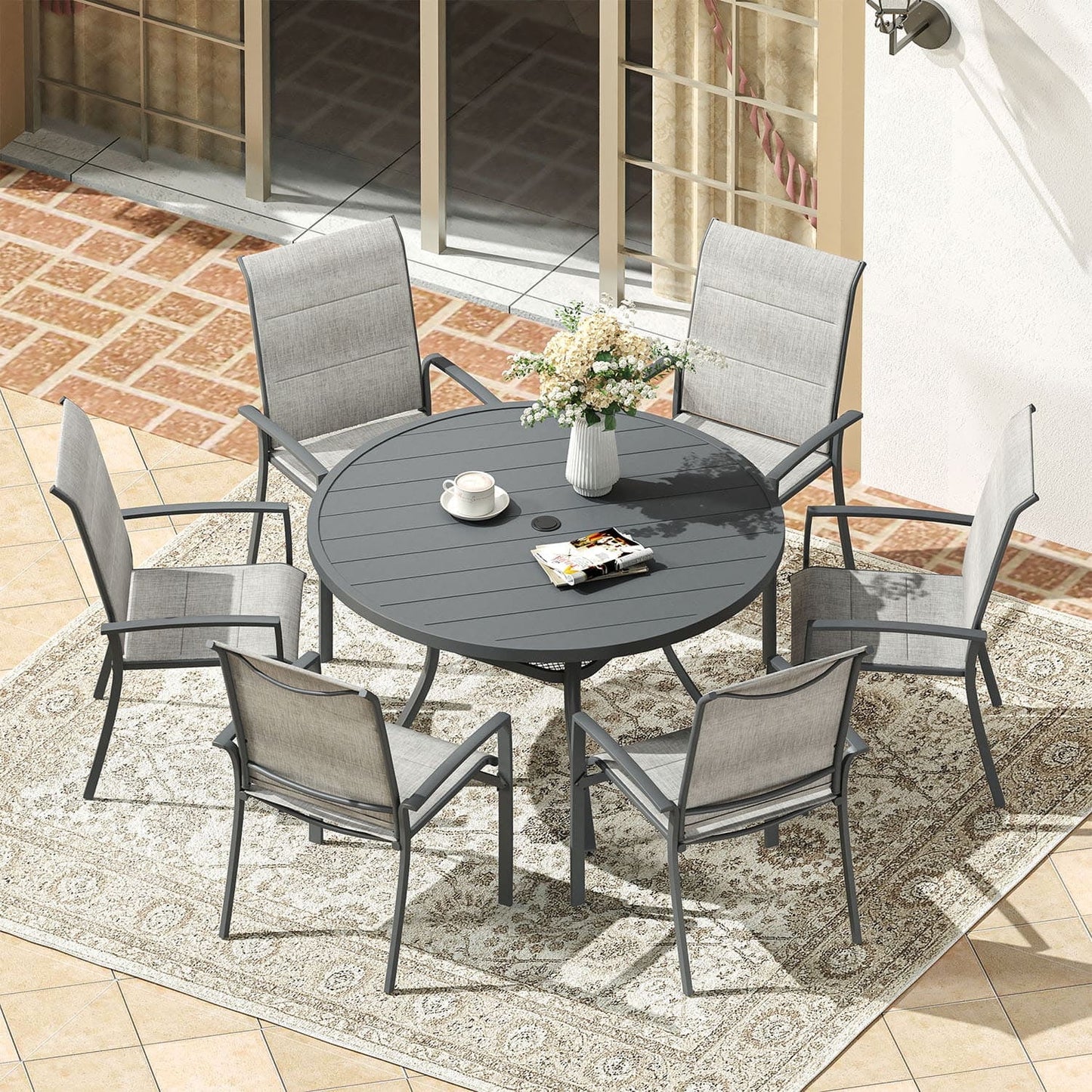 Vicllax Outdoor Patio Dining Set Modern Minimalist Design Metal 48"for Garden Lawn (7 Pcs)