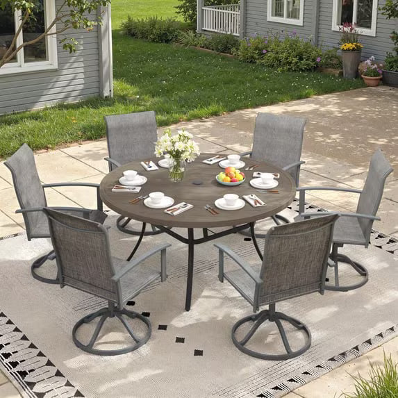 Vicllax 7-Piece Outdoor Patio Dining Set, 53-Inch Round Outdoor Table with Umbrella Hole and 6 Swivel Patio Chairs, Outdoor Furniture for Backyard, Garden, Deck & Porch