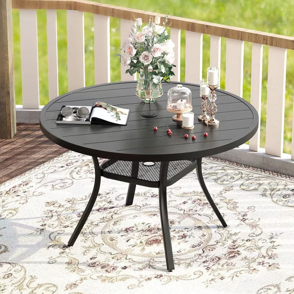 Vicllax 41" Outdoor Patio Dining Table, Metal Frame Round Patio Table with Umbrella Hole for Deck, Black