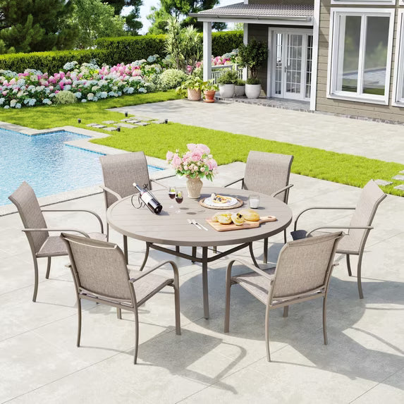 Vicllax 7-Piece Round Outdoor Patio Dining Furniture Set Table and Chair Metal Frame, Umbrella Hole