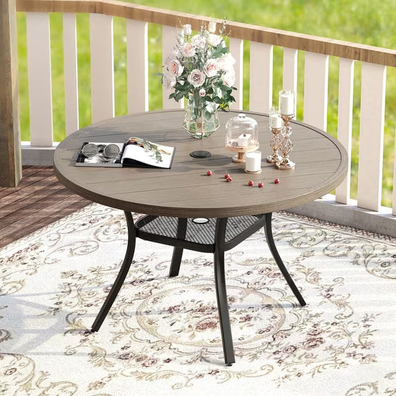 Vicllax 41" Outdoor Patio Dining Table, Metal Frame Round Patio Table with Umbrella Hole for Deck, Graywood
