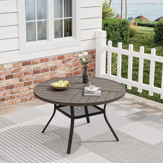 Vicllax Outdoor Patio Dining Table Dia.41" Slatted Tabletop Metal Frame with Umbrella Hole, Graywood