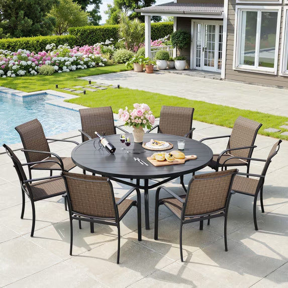 Vicllax 9-Piece Round Outdoor Patio Dining Furniture Set Table and Chair Metal Frame, Umbrella Hole