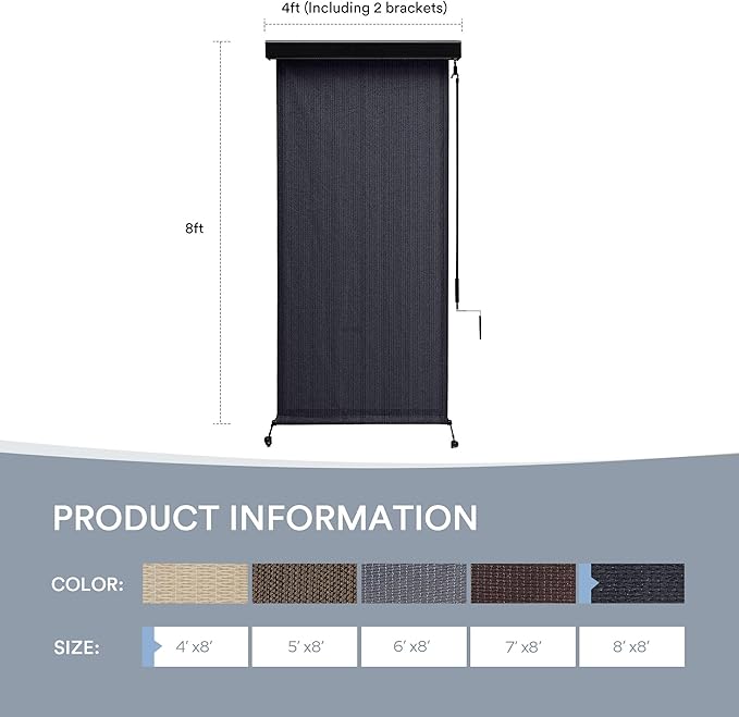 Outdoor Roller Shade, Exterior Patio Cordless Blinds with Aluminum Valance Roll Up Shades for Porch Balcony Backyard (4' W X 8' L), Graphite Black
