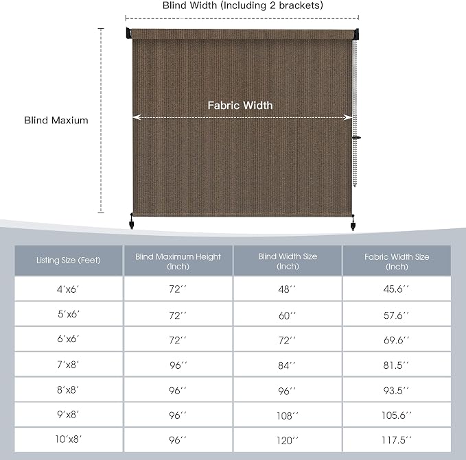 Outdoor Roller Shades with Spliced Design (9' W X 8' L), Patio Blinds with Chain Clutch Operation, HDPE Roll Up Shade for Porch Patio Deck, Mocha