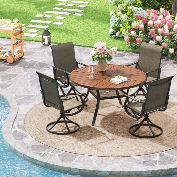 Vicllax Outdoor Outside Patio Dining Table Set, Round Metal Table with Umbrella Hole and 4 Chairs
