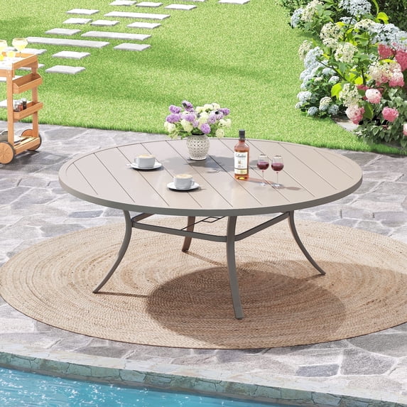 Vicllax 53" Outdoor Patio Dining Table, Metal Frame Round Patio Table with Umbrella Hole for 6 person, Sandshell