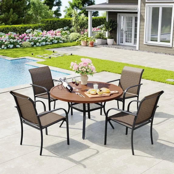 Vicllax Outdoor Outside Patio Dining set, Round Metal Table with Umbrella Hole for Deck, Black