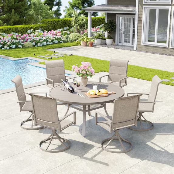 Vicllax 7-Piece Round Patio Dining Set, 47" Round Outdoor Table with Umbrella Hole and 6 Padded Swivel Chairs for Lawn, Garden, Sandshell & Sandshell