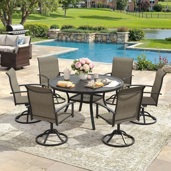 Vicllax 7-Piece Outdoor Patio Dining Set, 47-Inch Round Outdoor Table with Umbrella Hole and 6 Swivel Patio Chairs, Outdoor Furniture for Backyard, Garden, Deck & Porch