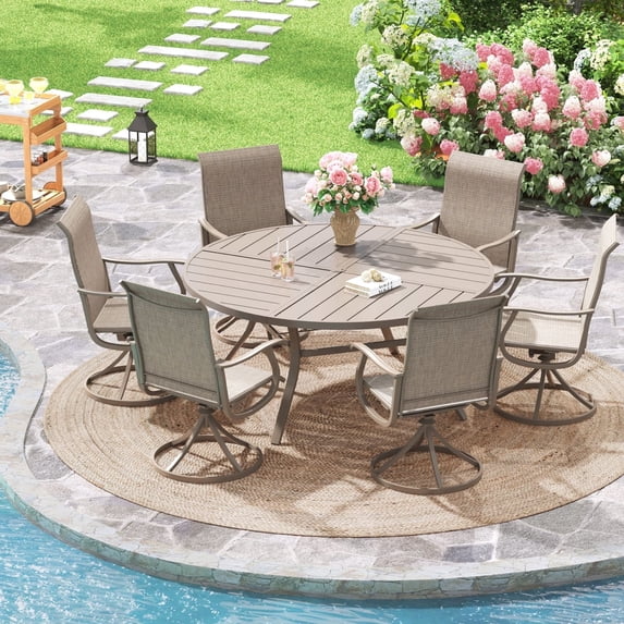 Vicllax 7-Piece Outdoor Patio Dining Set, 50-Inch Round Outdoor Table with Umbrella Hole and 6 Swivel Patio Chairs, Outdoor Furniture for Backyard, Garden, Deck & Porch