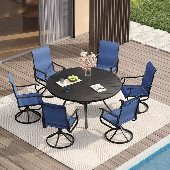 Vicllax 7-Piece Outdoor Patio Dining Set, 47-Inch Round Outdoor Table with Umbrella Hole and 6 Swivel Patio Chairs, Outdoor Furniture for Backyard, Garden, Deck & Porch