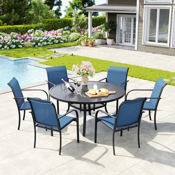 Vicllax 7-Piece Outdoor Patio Dining Set, 47" Round Table with Umbrella hole and 6 Patio Chairs, Black&Blue