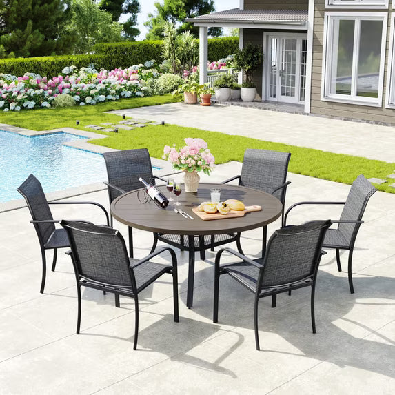 Vicllax 7-Piece Outdoor Patio Dining Set, 47" Round Table with Umbrella hole and 6 Patio Chairs, Graywood&Black