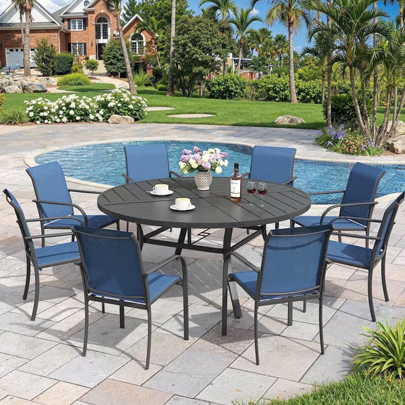 Vicllax 9-Piece Outdoor Patio Dining Set, 53" Round Table with Umbrella hole and 8 Patio Chairs, Black&Blue