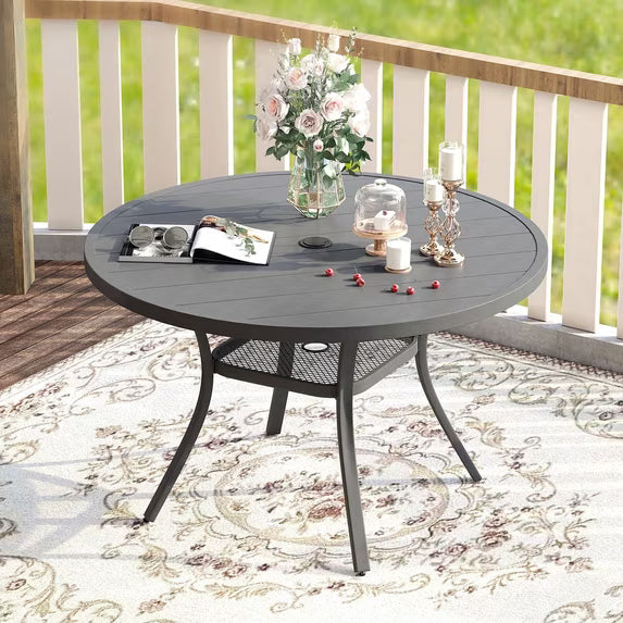 Vicllax 47" Outdoor Patio Dining Table, Metal Frame Round Patio Table with Umbrella Hole for Deck, Gray