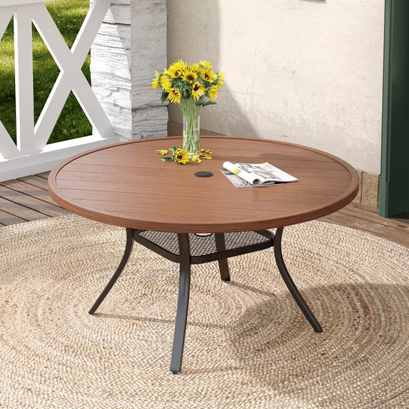 Vicllax 47" Outdoor Patio Dining Table, Metal Frame Round Patio Table with Umbrella Hole for Deck, Walnut