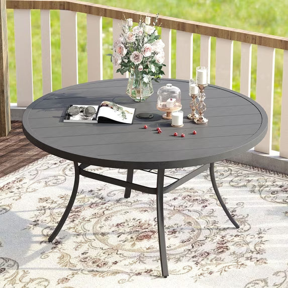 Vicllax 53" Outdoor Patio Dining Table, Metal Frame Round Patio Table with Umbrella Hole for 6 person, Gray