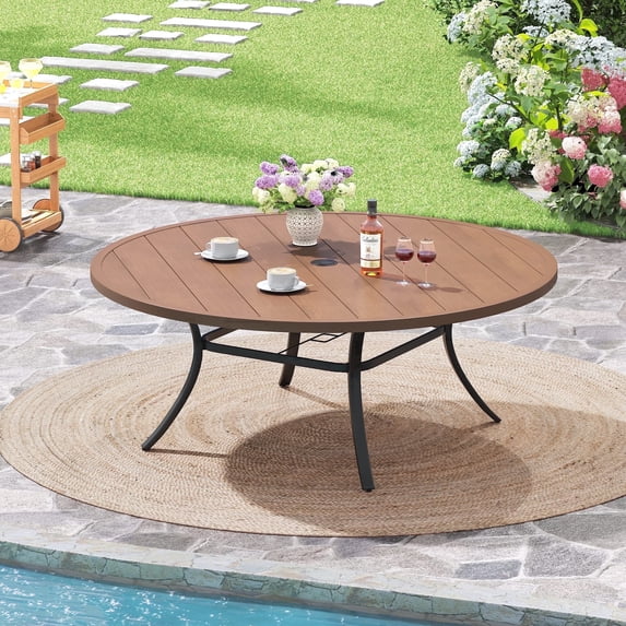 Vicllax 53" Outdoor Patio Dining Table, Metal Frame Round Patio Table with Umbrella Hole for 6 person, Walnut