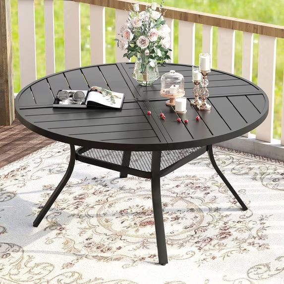 Vicllax 47" Outdoor Patio Dining Table, Metal Frame Round Patio Table with Umbrella Hole for Deck, Black