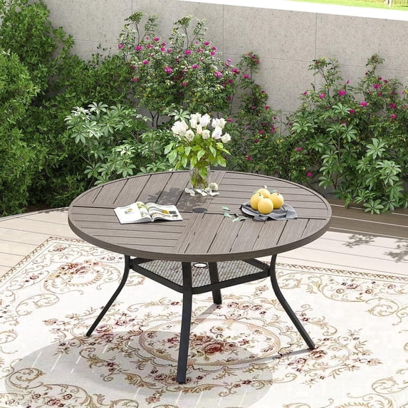 Vicllax 47" Outdoor Patio Dining Table, Metal Frame Round Patio Table with Umbrella Hole for Deck, Graywood