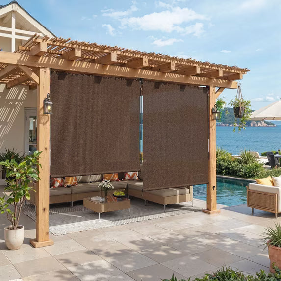 Vicllax 5'Wx6'H Outdoor Roller Shades Blinds for Patio Crank Operation Sun Blocking, Mocha (Splice)
