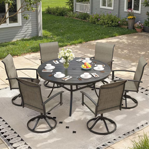 Vicllax 7-Pcs Round Outdoor Patio Dining Set Table and Chair Modern Style Metal, with Umbrella Hole