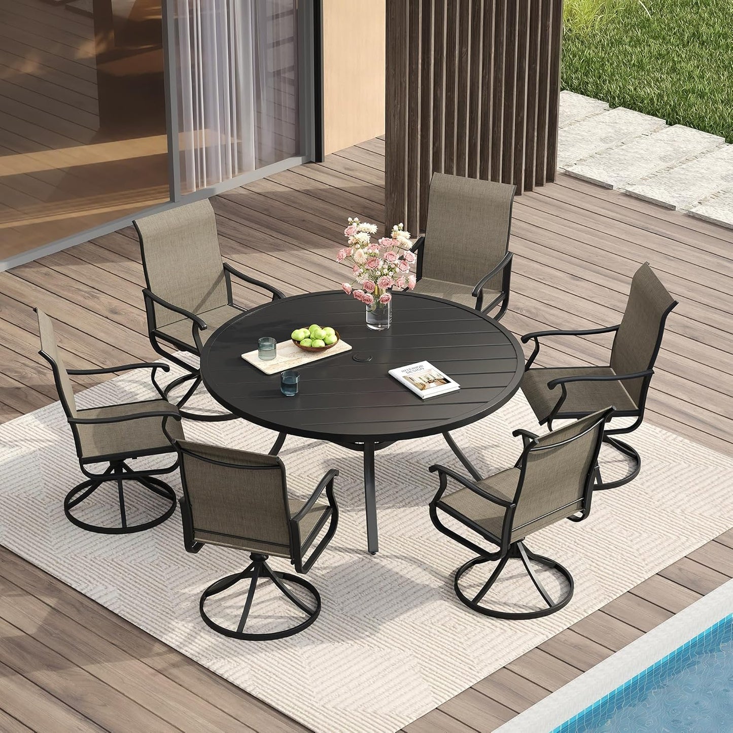 Vicllax 5-Piece Outdoor Patio Dining Set Metal Swivel Chairs & Round Steel Table with Umbrella Hole (DTS05-KDCS03)