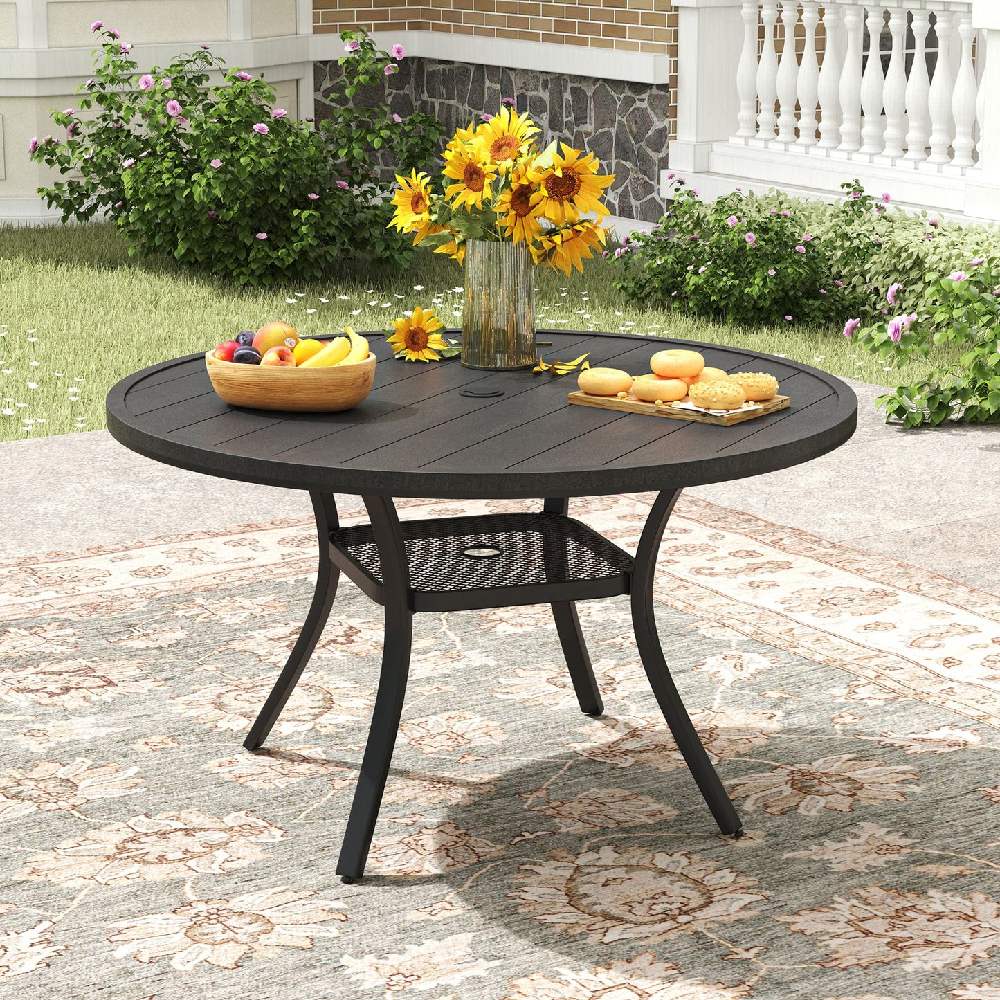Vicllax Outdoor Patio Dining Table Plastic Tabletop Metal Frame with Umbrella Hole, Black