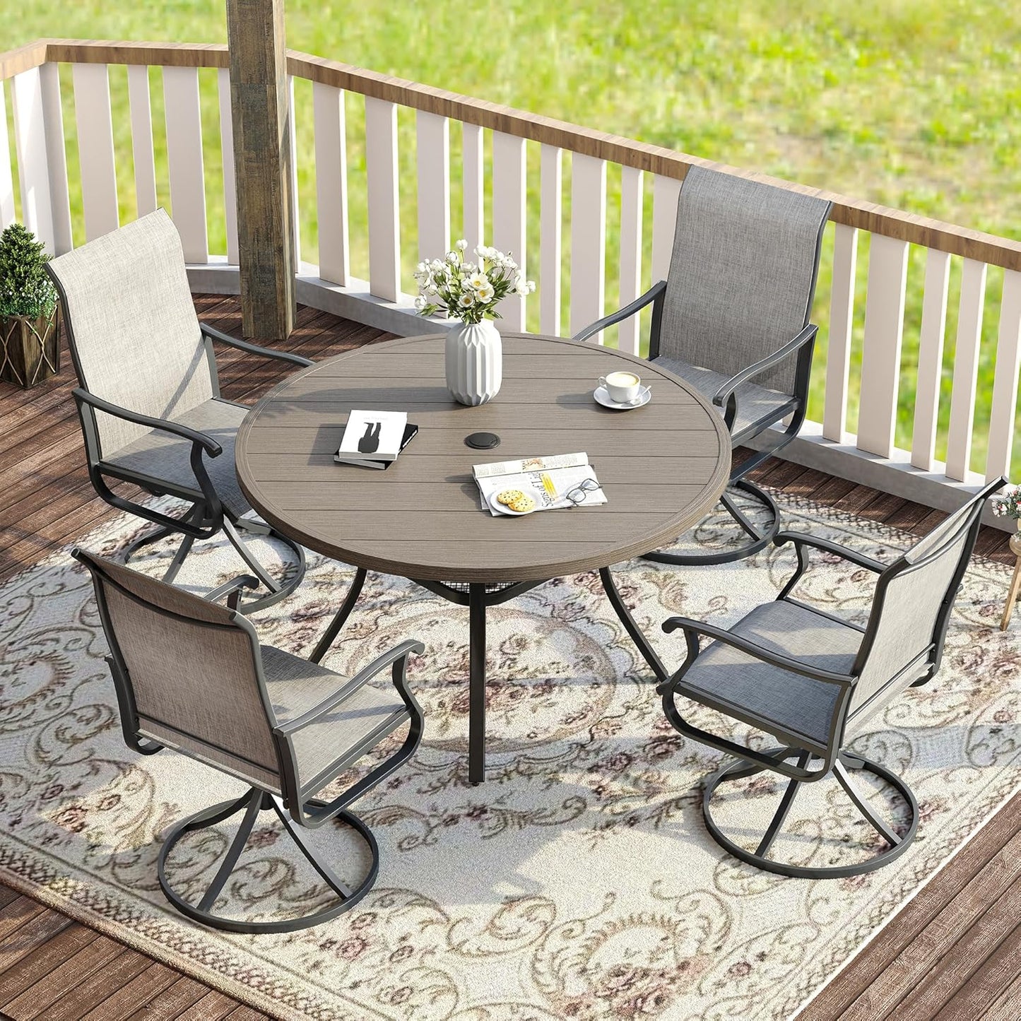 Vicllax 5-Piece Outdoor Patio Dining Set Metal Swivel Chairs & Round Steel Table with Umbrella Hole (DTS05-KDCS03)
