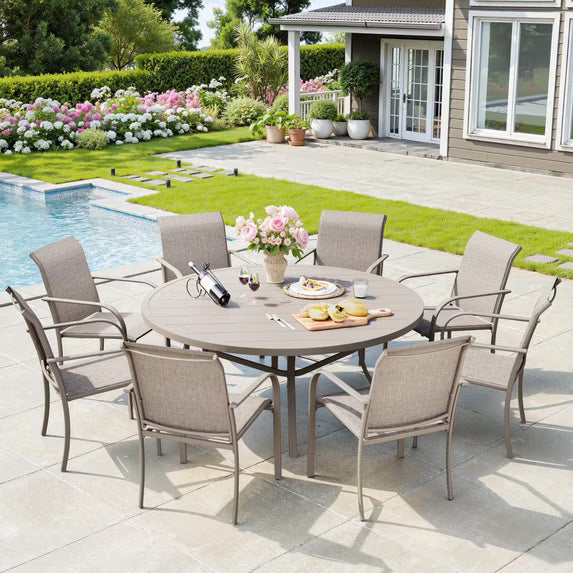 Vicllax 9-Piece Round Outdoor Patio Dining Furniture Set Table and Chair Metal Frame, Umbrella Hole