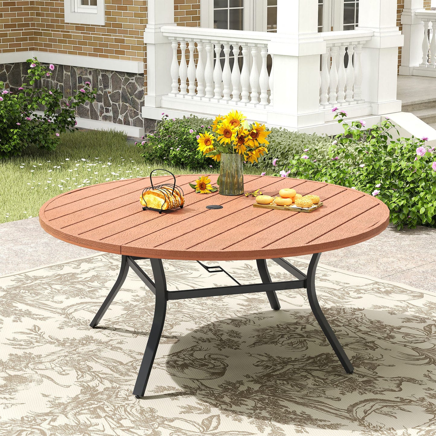 Vicllax Outdoor Patio Dining Table Plastic Tabletop Metal Frame with Umbrella Hole, Black