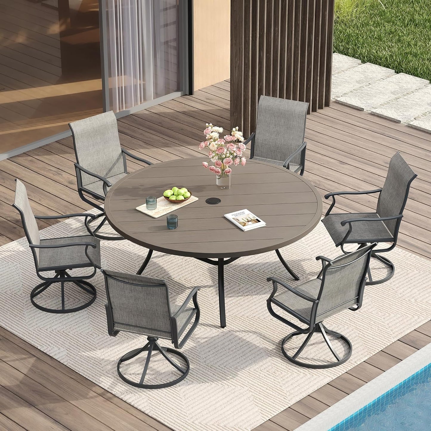 Vicllax 5-Piece Outdoor Patio Dining Set Metal Swivel Chairs & Round Steel Table with Umbrella Hole (DTS05-KDCS03)