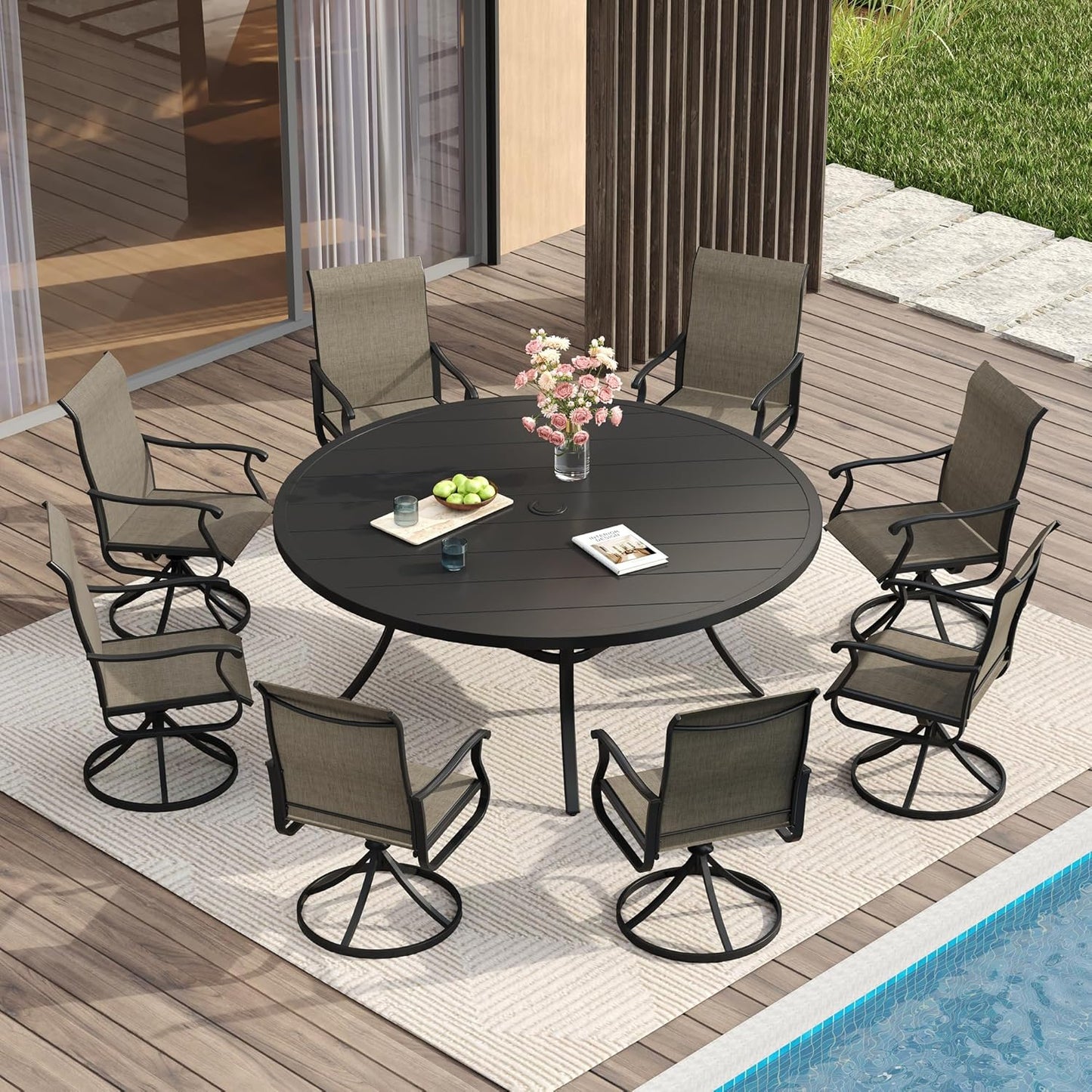 Vicllax 5-Piece Outdoor Patio Dining Set Metal Swivel Chairs & Round Steel Table with Umbrella Hole (DTS05-KDCS03)
