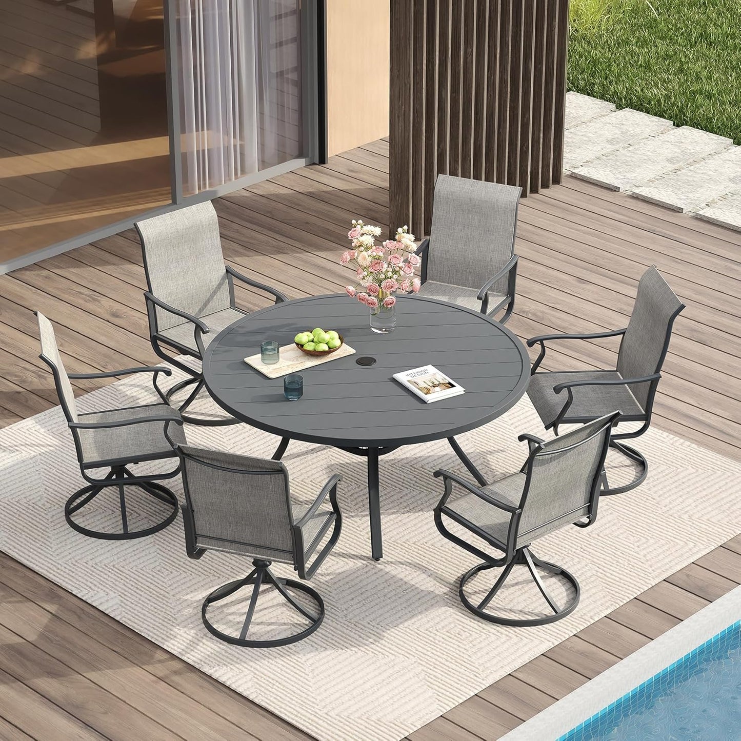Vicllax 5-Piece Outdoor Patio Dining Set Metal Swivel Chairs & Round Steel Table with Umbrella Hole (DTS05-KDCS03)