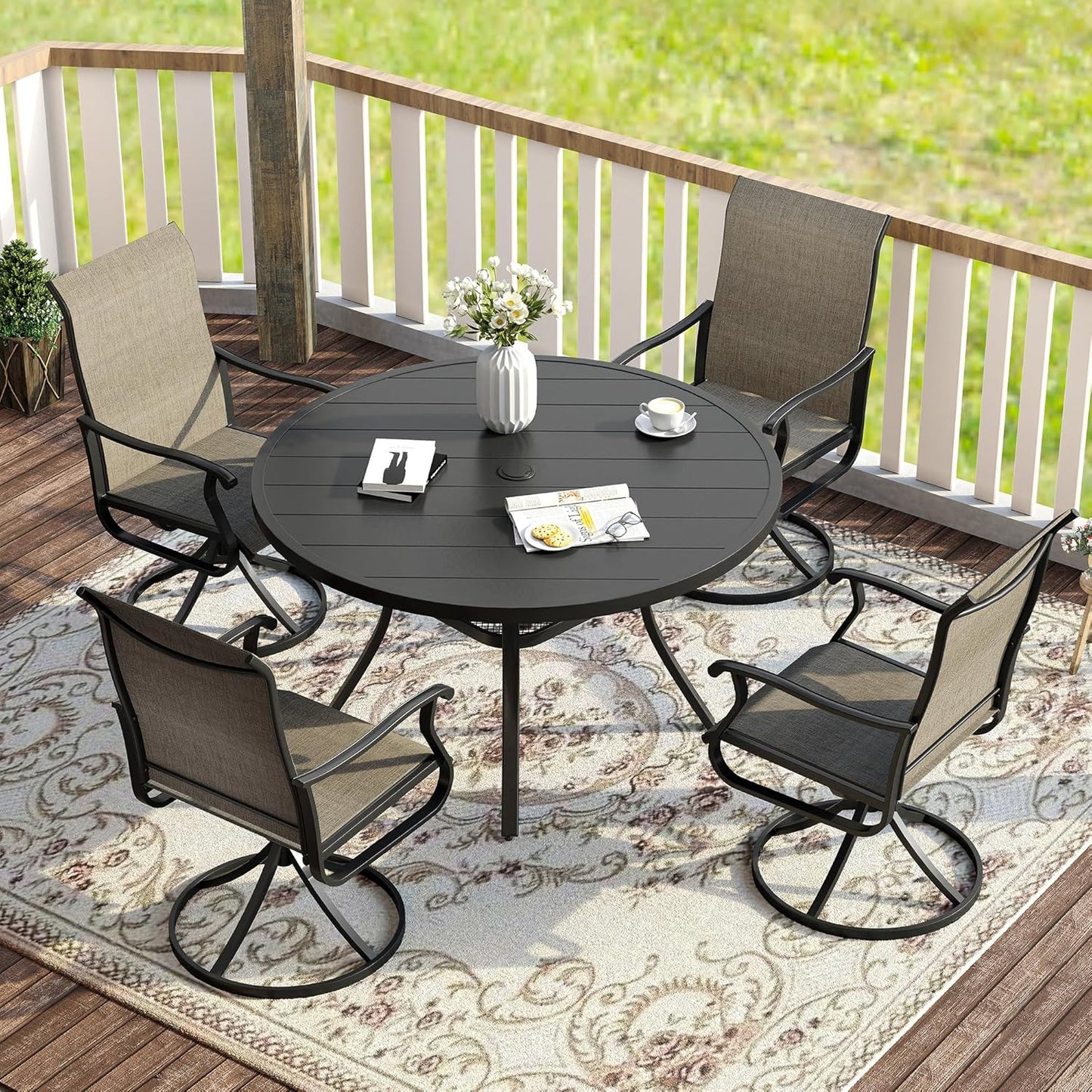 Vicllax 5-Piece Outdoor Patio Dining Set Metal Swivel Chairs & Round Steel Table with Umbrella Hole (DTS05-KDCS03)