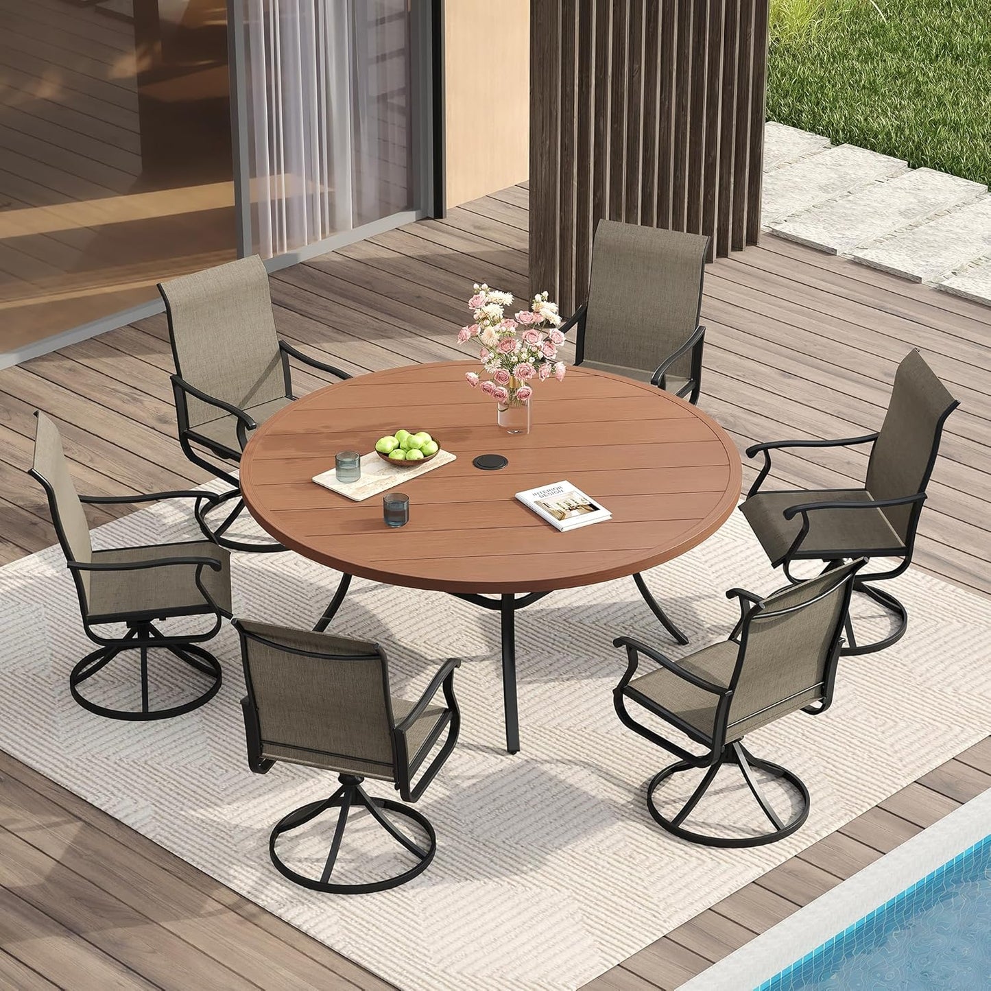 Vicllax 5-Piece Outdoor Patio Dining Set Metal Swivel Chairs & Round Steel Table with Umbrella Hole (DTS05-KDCS03)