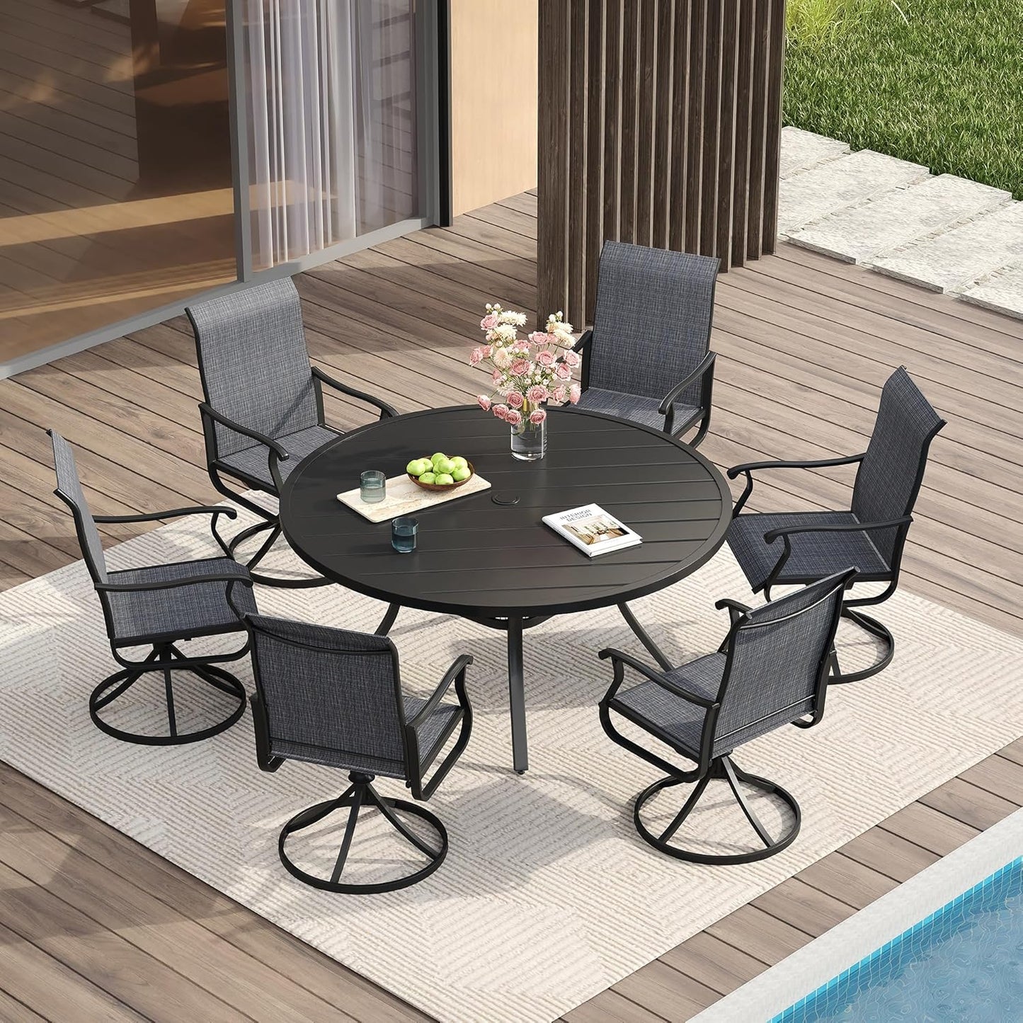 Vicllax 5-Piece Outdoor Patio Dining Set Metal Swivel Chairs & Round Steel Table with Umbrella Hole (DTS05-KDCS03)