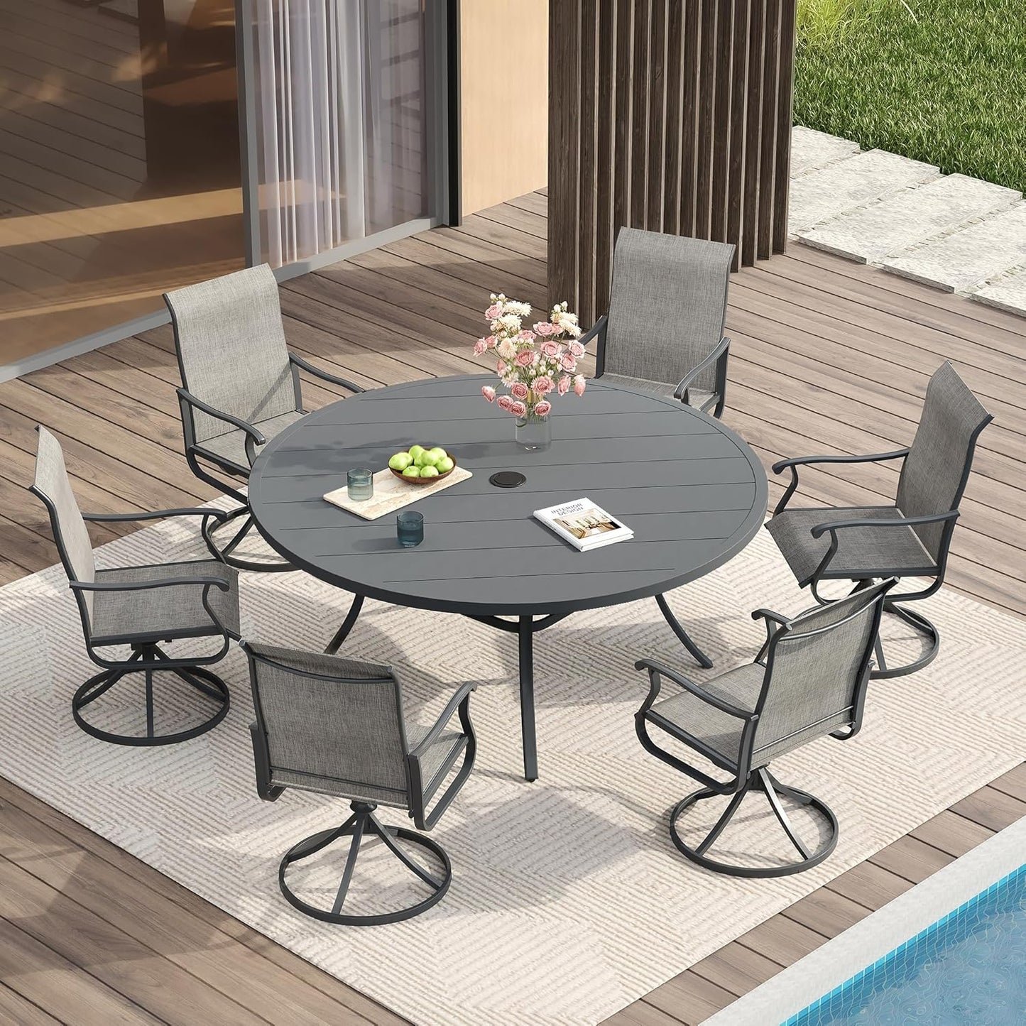 Vicllax 5-Piece Outdoor Patio Dining Set Metal Swivel Chairs & Round Steel Table with Umbrella Hole (DTS05-KDCS03)