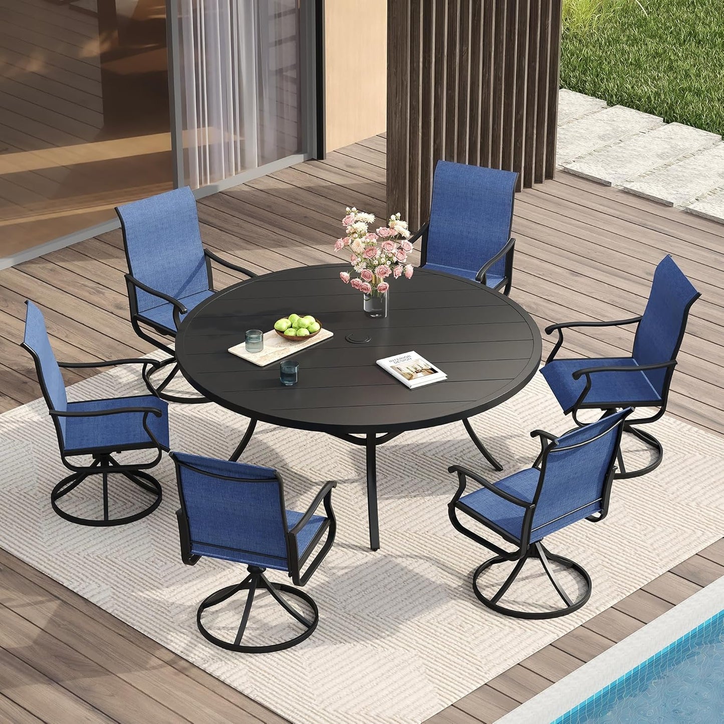 Vicllax 5-Piece Outdoor Patio Dining Set Metal Swivel Chairs & Round Steel Table with Umbrella Hole (DTS05-KDCS03)