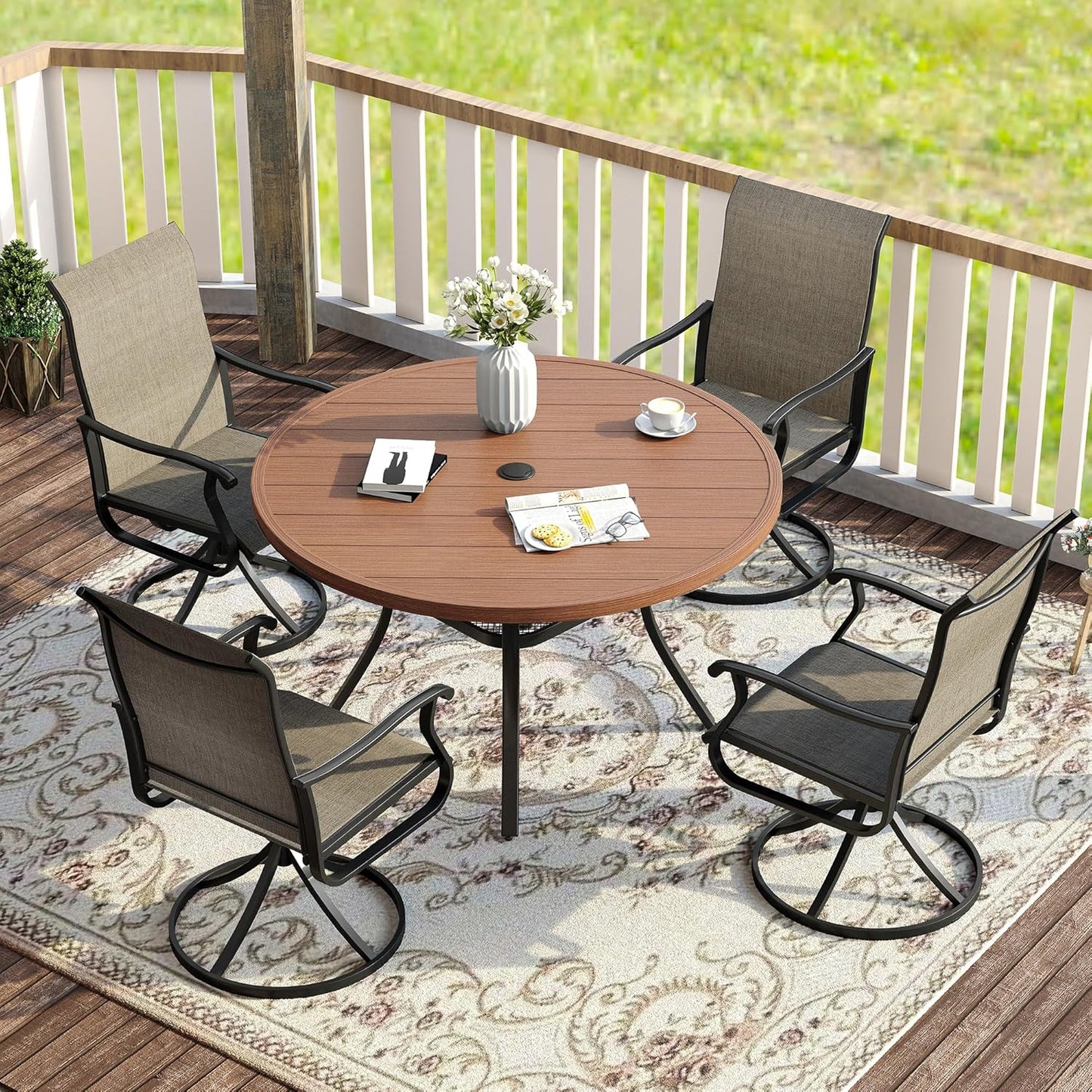 Vicllax 5-Piece Outdoor Patio Dining Set Metal Swivel Chairs & Round Steel Table with Umbrella Hole (DTS05-KDCS03)