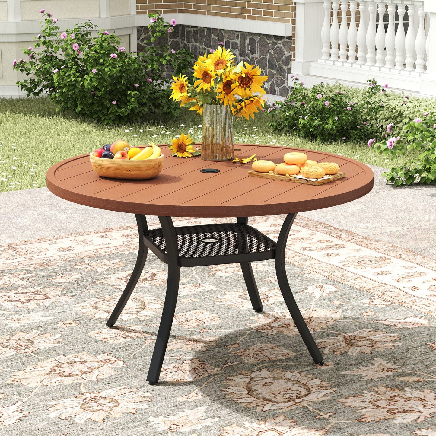 Vicllax Outdoor Patio Dining Table Plastic Tabletop Metal Frame with Umbrella Hole, Black