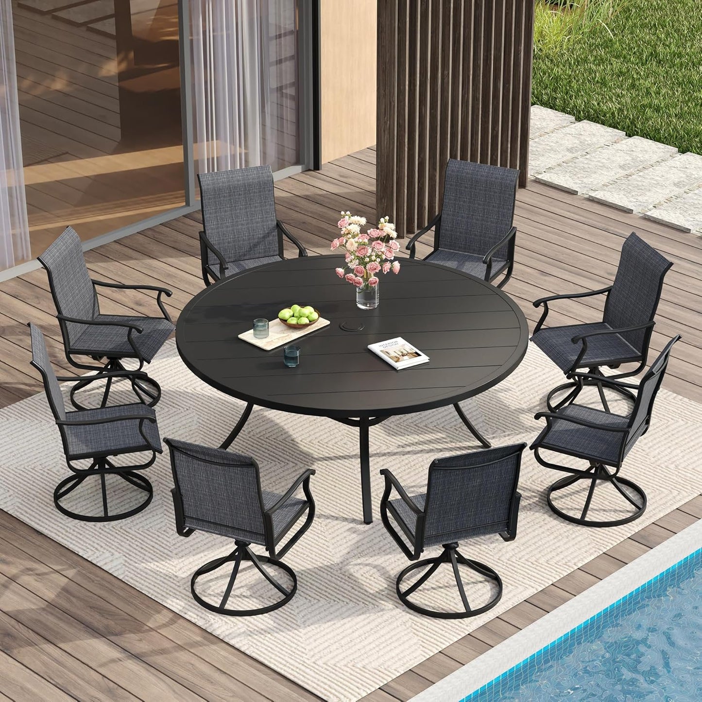 Vicllax 5-Piece Outdoor Patio Dining Set Metal Swivel Chairs & Round Steel Table with Umbrella Hole (DTS05-KDCS03)