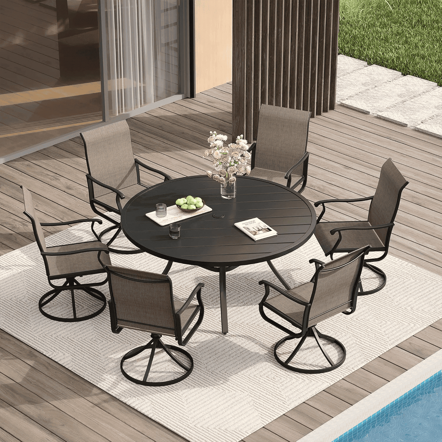 Vicllax 5-Piece Outdoor Patio Dining Set Metal Swivel Chairs & Round Steel Table with Umbrella Hole (DTS05-KDCS03)