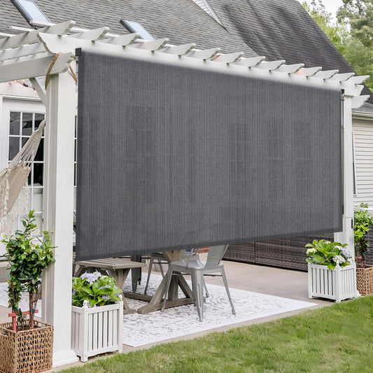 DIFY Outdoor Roller Shade Blinds Cordless Roll Up Shade, Exterior Roller Wand Crank Operation 8*8FT for Patio Yard Deck Porch, Anthracite