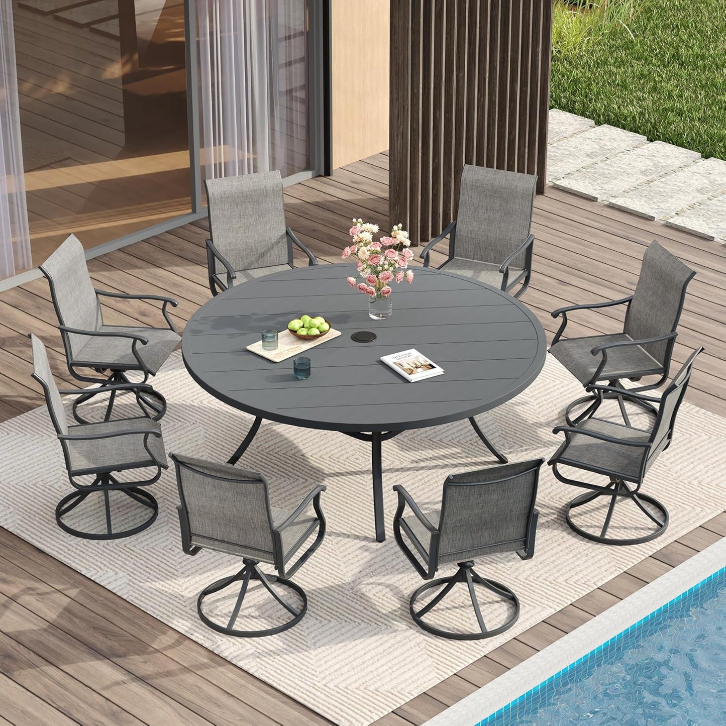 Vicllax 5-Piece Outdoor Patio Dining Set Metal Swivel Chairs & Round Steel Table with Umbrella Hole (DTS05-KDCS03)