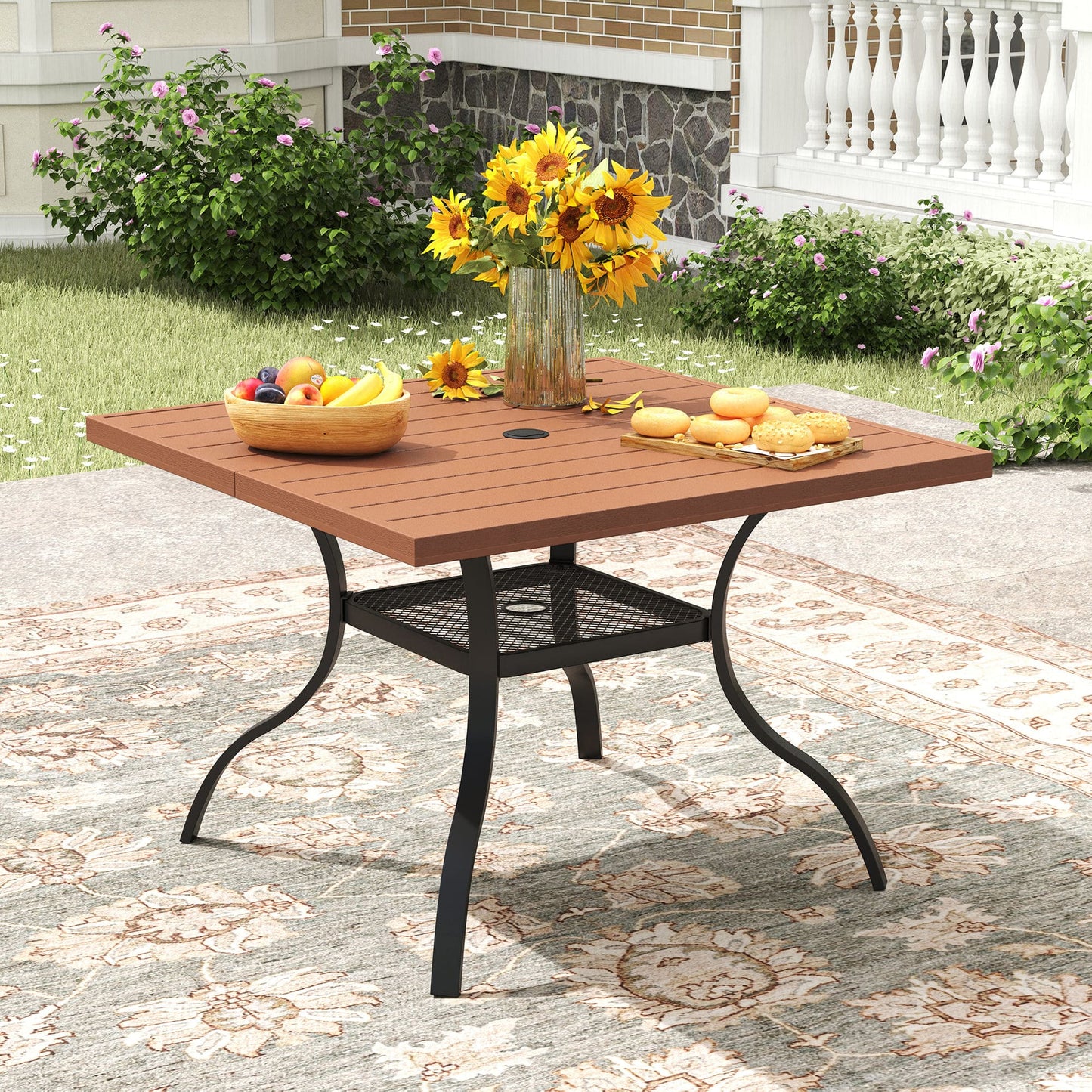 Vicllax Outdoor Patio Dining Table Plastic Tabletop Metal Frame with Umbrella Hole, Black