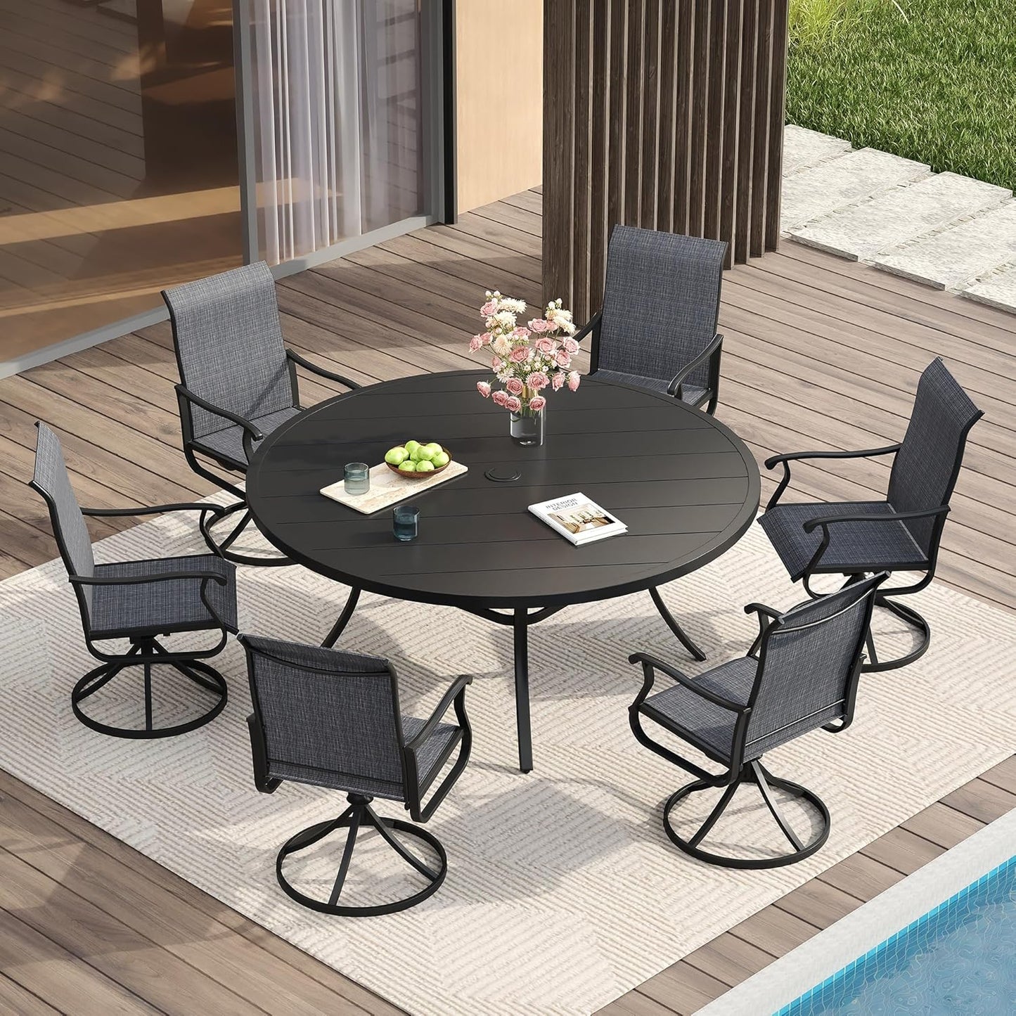 Vicllax 5-Piece Outdoor Patio Dining Set Metal Swivel Chairs & Round Steel Table with Umbrella Hole (DTS05-KDCS03)