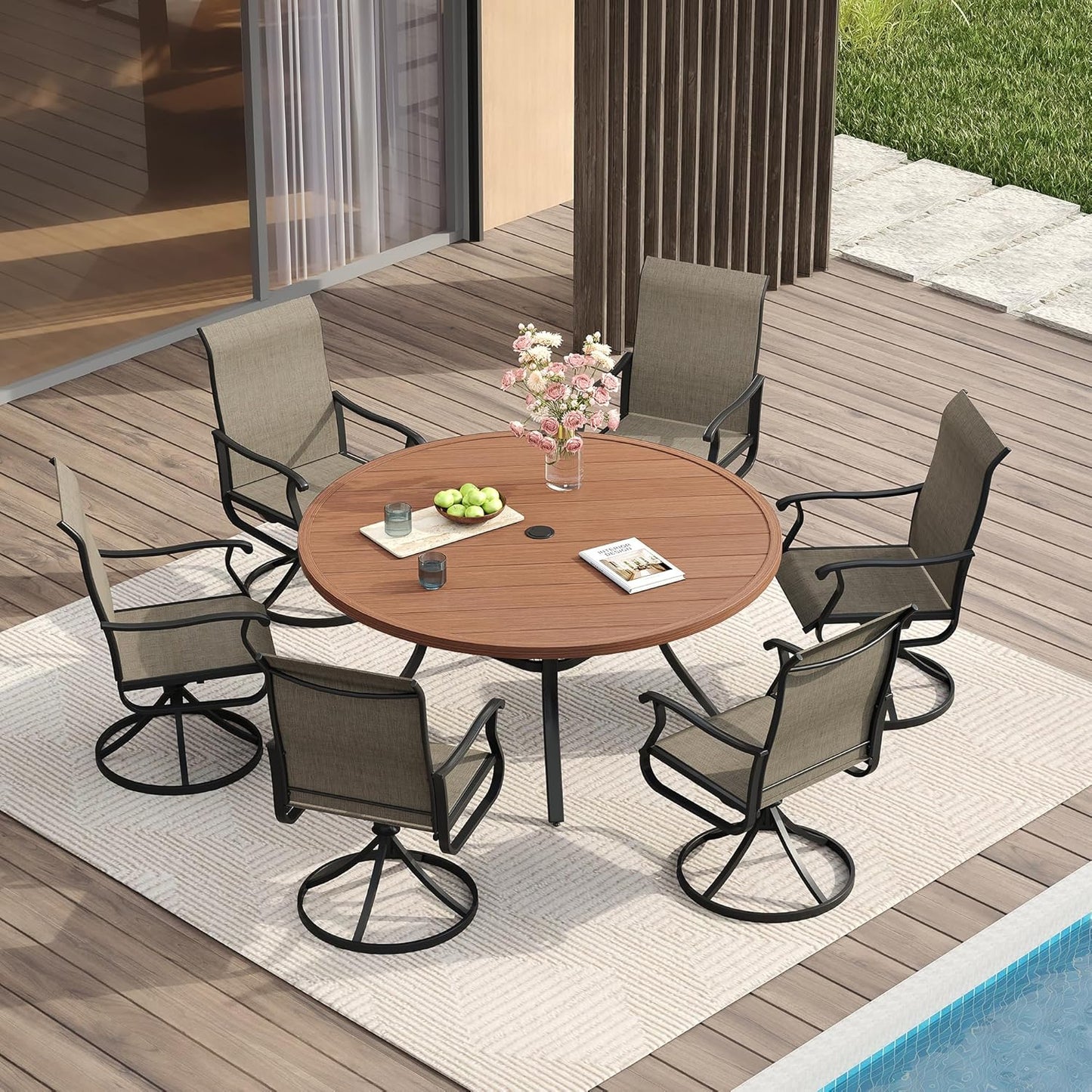 Vicllax 5-Piece Outdoor Patio Dining Set Metal Swivel Chairs & Round Steel Table with Umbrella Hole (DTS05-KDCS03)