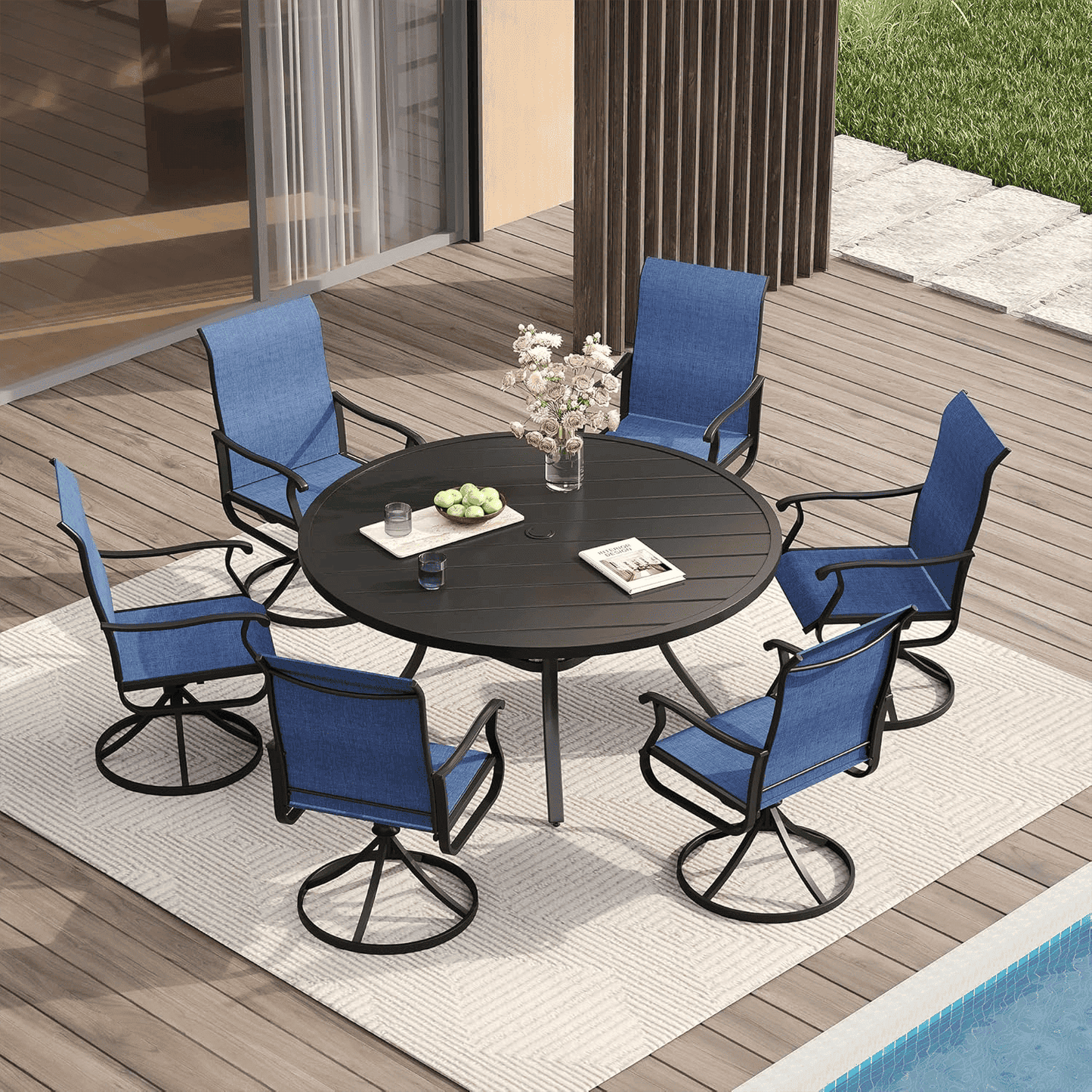 Vicllax 5-Piece Outdoor Patio Dining Set Metal Swivel Chairs & Round Steel Table with Umbrella Hole (DTS05-KDCS03)